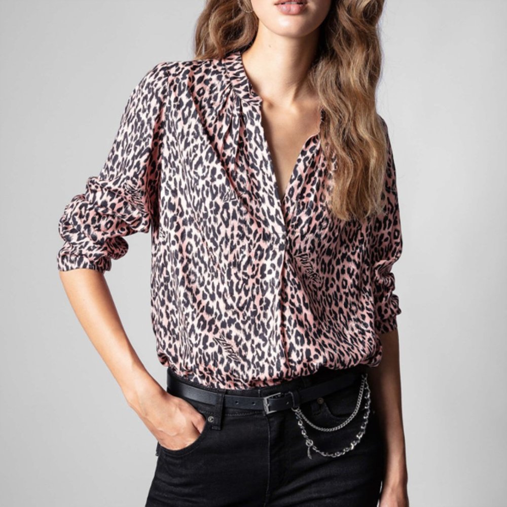 NWT  Zadig & Voltaire Tink Squeleton Leopard Logo Silk Shirt Blouse